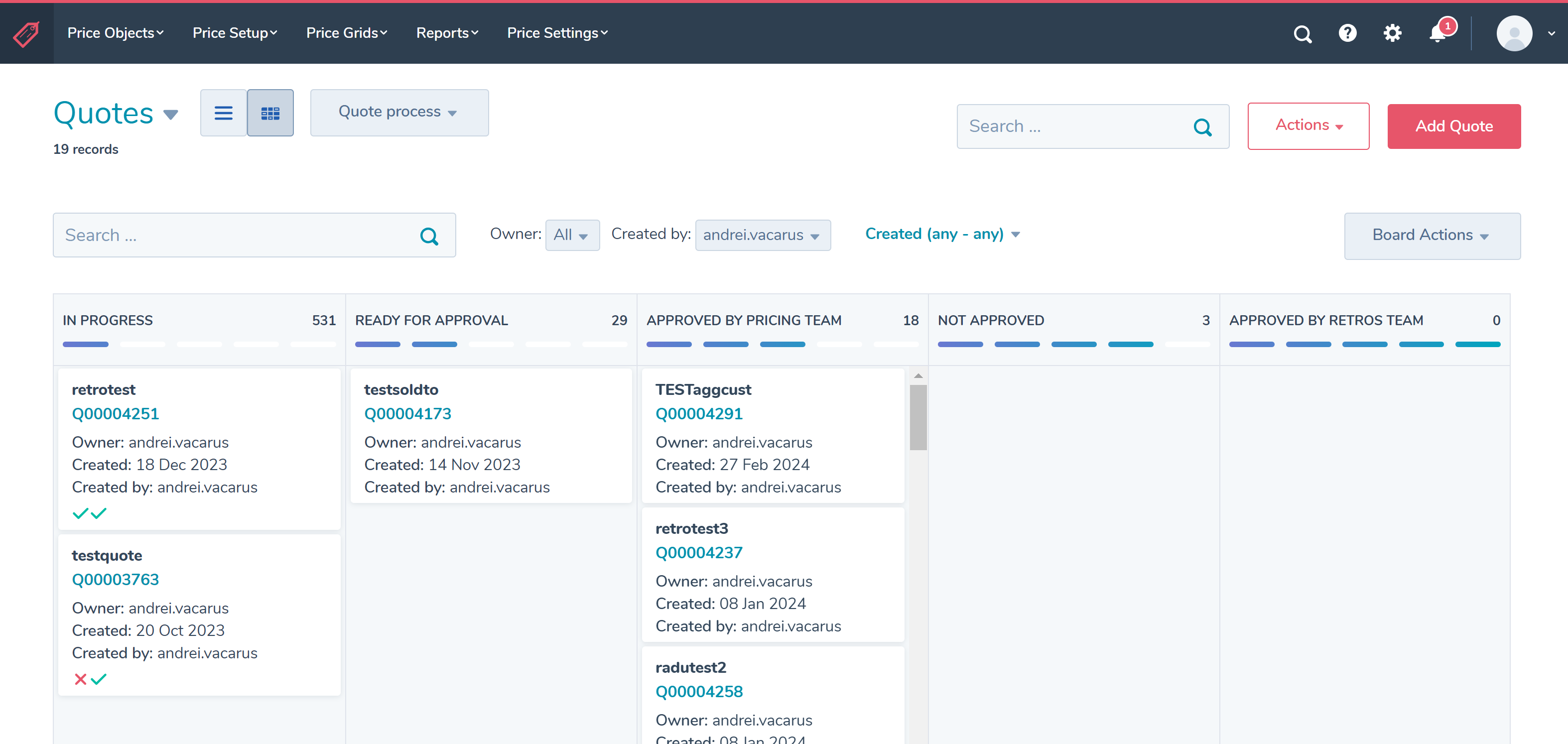 quotes and deals via process boards